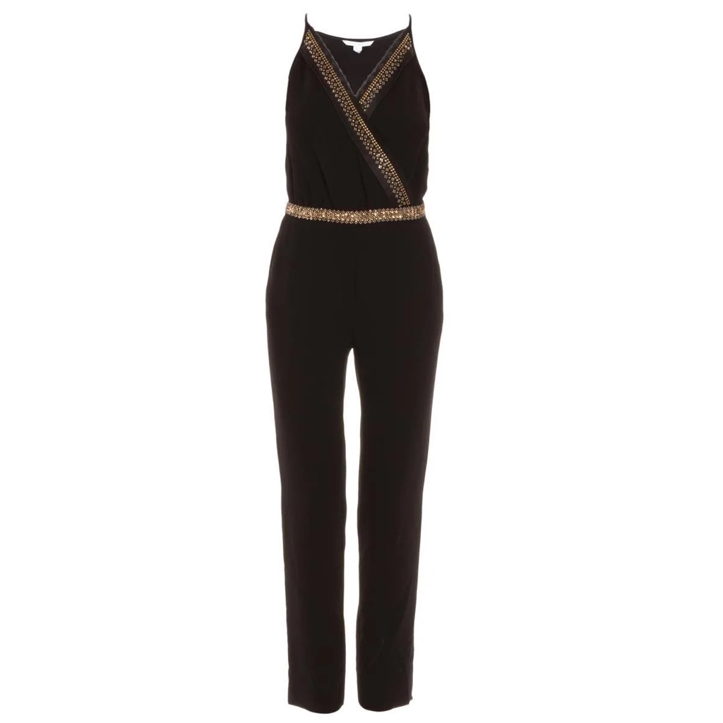 Dvf Diane Von Furstenberg Silk Caroline Jewel Embellished Black Jumpsuit Size 12